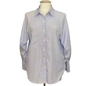 ASVIVID Womens Top S White Blue Stripe Smocked Tunic Classic Preppy Academia